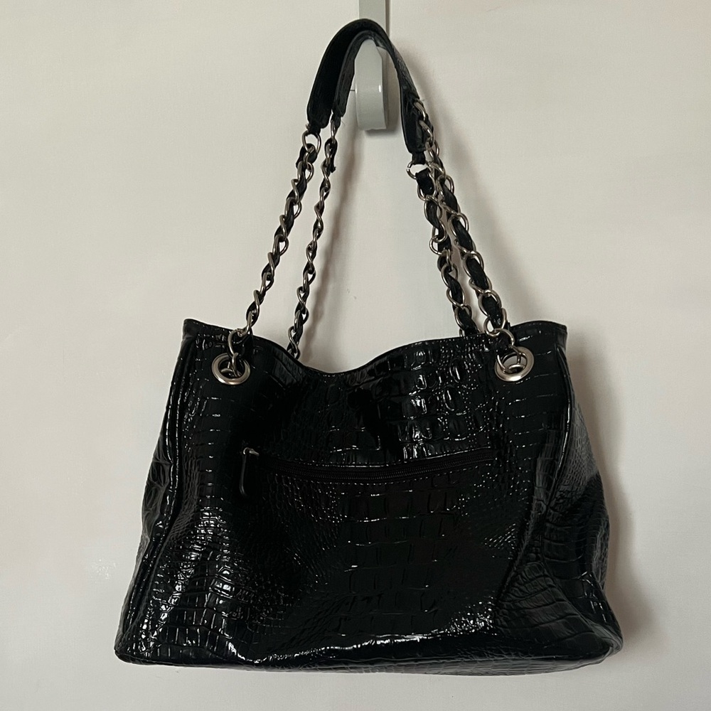 Nicole Miller Glossy Black Croc Shoulder Bag - Picture 2 of 11